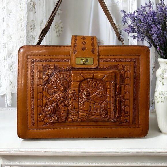 Vintage Embossed Leather Shoulder Bag With Mexican Folk Art Design - Picture 1 of 10